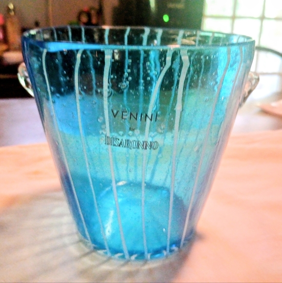 Art Glass Murano Venine Disaronno Blown Glass Ice Bucket Blue/White Stripes - Picture 2 of 6